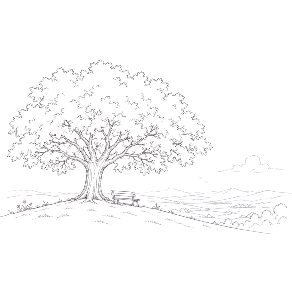 Grosser Baum mit Bank und weitem Landschaftsblick